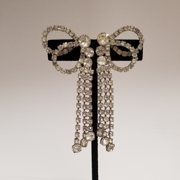 Jewelry - Vintage Silver and Crystal Bow Clip On Earrings